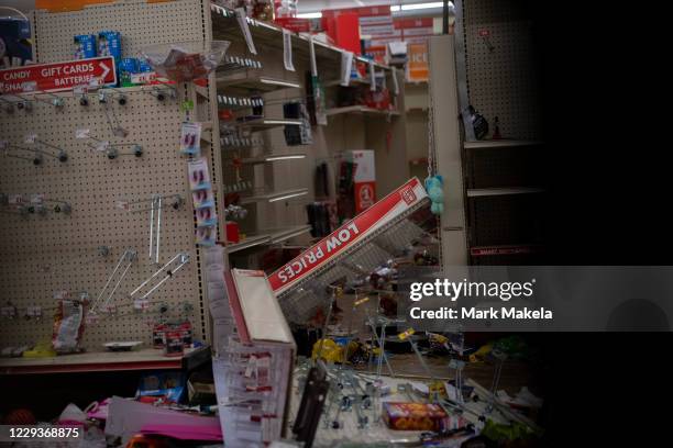 Merchandise lays strewn on the floor after looting as seen through a boarded up door of a discount store on October 30, 2020 in Philadelphia,...