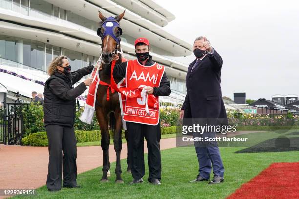 Trainer Denis Pagan with Johnny Get Angry after winning the AAMI Victoria Derby at Flemington Racecourse on October 31, 2020 in Flemington, Australia.