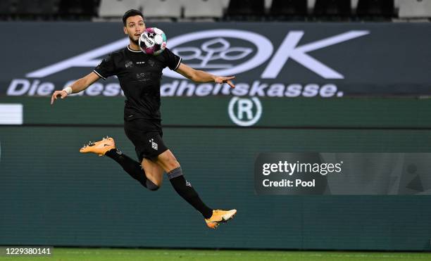 Moenchengladbach's Ramy Bensebaini in action during the Bundesliga match between Borussia Moenchengladbach and RB Leipzig at Borussia-Park on October...