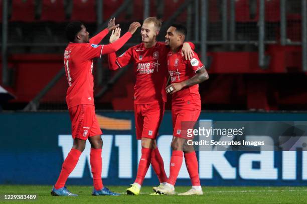 Vaclav Cerny of FC Twente celebrates 4-0 with Queensy Menig of FC Twente, Danilo Pereira of FC Twente during the Dutch Eredivisie match between Fc...