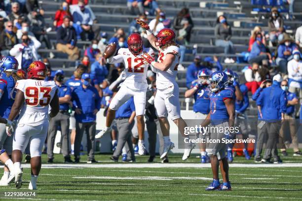 Iowa State Cyclones defensive back Greg Eisworth II leaps to celebrate an interception in the third quarter of a Big 12 football game between the...