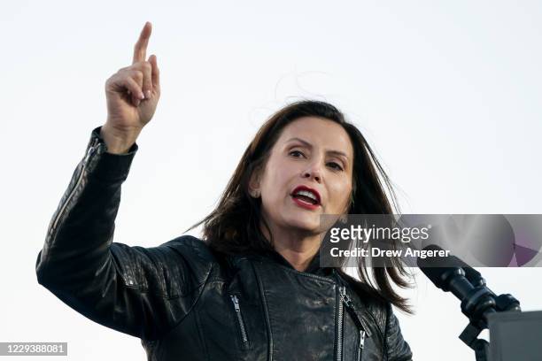 Gov. Gretchen Whitmer speaks during a drive-in campaign rally with Democratic presidential nominee Joe Biden and former President Barack Obama at...
