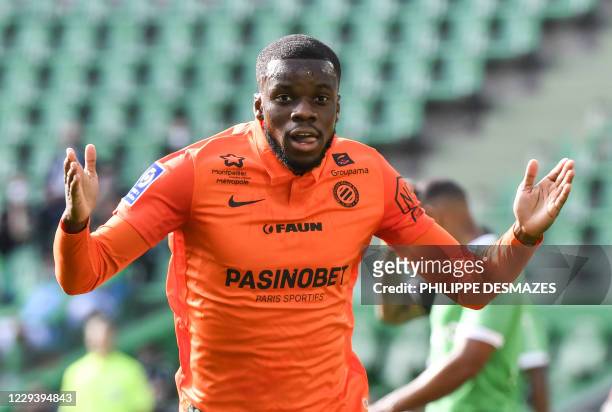 Montpellier's Britain forward Stephy Mavididi celebrates after scoring a goal during the French L1 football match between Saint-Etienne and...