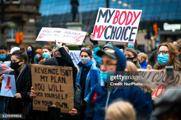 Pro-choice supporters protest against restrictions on abortion law in Poland on November 01, 2020 in Glasgow, Scotland. This comes after the...