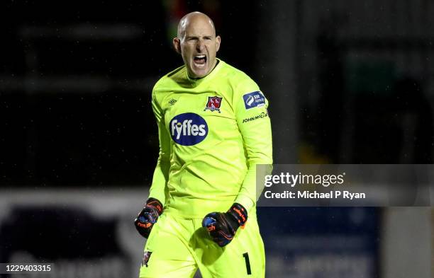 November 2020; Gary Rogers of Dundalk celebrates his side's first goal, scored by Darragh Leahy, during the SSE Airtricity League Premier Division...