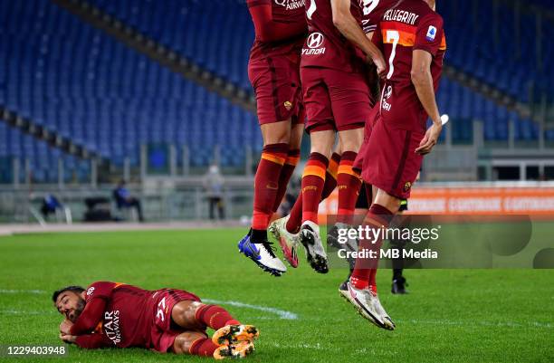 Leonardo Spinazzola of AS Roma lying behind the barrier during a free kick ,in the Serie A match between AS Roma and ACF Fiorentina at Stadio...