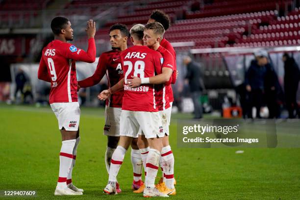 Albert Gudmundsson of AZ Alkmaar celebrates 2-0 with Myron Boadu of AZ Alkmaar, Jesper Karlsson of AZ Alkmaar, Owen Wijndal of AZ Alkmaar, Calvin...