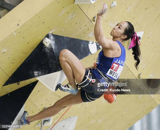 Akiyo Noguchi competes en route to victory in the women's lead discipline at a special competition for the top Japanese sport climbers on Nov. 1 in...