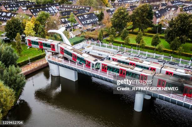 An photo taken in Spijkenisse, on November 2, 2020 shows a metro train that shot through a stop block at De Akkers metro station, without making any...