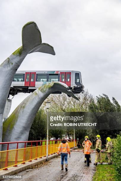 An photo taken in Spijkenisse, on November 2, 2020 shows a metro train that shot through a stop block at De Akkers metro station, without making any...