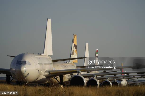 Passenger aircraft at Teruel Airport in Teruel, Spain, on Monday, Oct. 19, 2020. More than 8,100 planes sit idle around the world, or 31% of the...