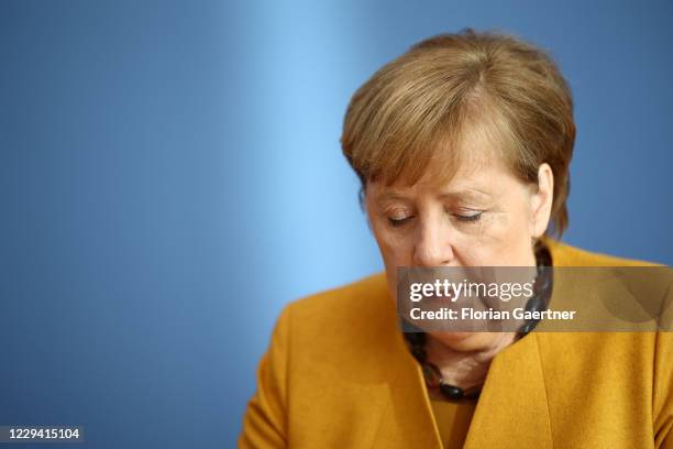 German Chancellor Angela Merkel speaks to the media following a meeting of the German government coronavirus cabinet task force during the second...