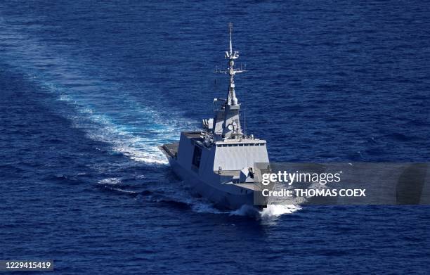 The French warship stealth frigate La Fayette sails off Syria, Lebanon, Cyprus and Turkey, on October 27, 2020. - The stealth frigate La Fayette and...
