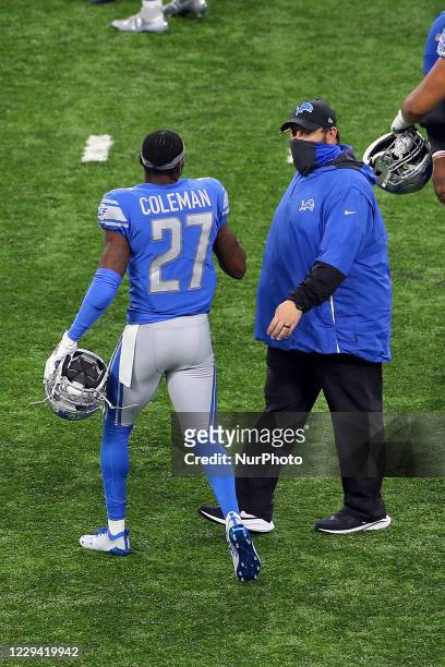 Detroit Lions head coach Matt Patricia and Detroit Lions cornerback Justin Coleman walk off the field at the conclusion of an NFL football game...