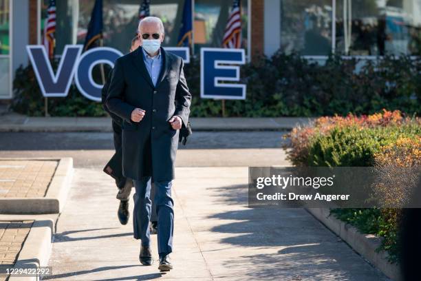 Democratic presidential nominee Joe Biden arrives to speak at a campaign stop at Community College of Beaver County on November 02, 2020 in Monaca,...