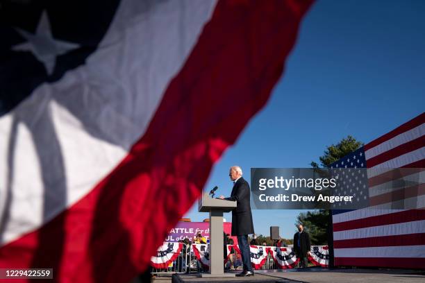 Democratic presidential nominee Joe Biden speaks at a campaign stop at Community College of Beaver County on November 02, 2020 in Monaca,...