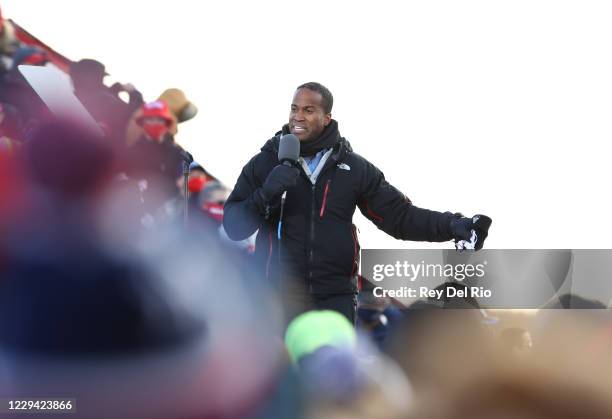 John James, a Republican U.S. Senate candidate speaks during a campaign rally on November 2, 2020 in Traverse City, Michigan. President Trump and...