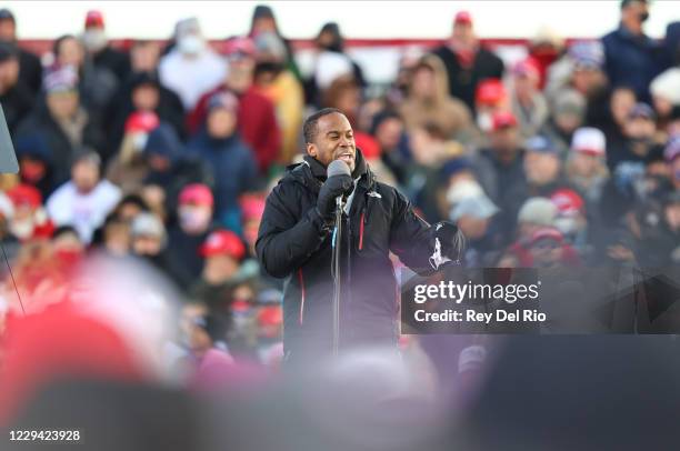 John James, a Republican U.S. Senate candidate speaks during a campaign rally on November 2, 2020 in Traverse City, Michigan. President Trump and...