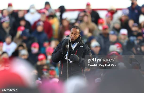 John James, a Republican U.S. Senate candidate speaks during a campaign rally on November 2, 2020 in Traverse City, Michigan. President Trump and...