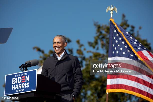 Former President Barack Obama speaks at a Drive-in Mobilization Rally to get out the vote for Georgia Senate candidates on November 2, 2020 in...