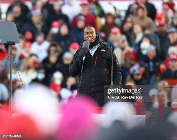 John James, a Republican U.S. Senate candidate speaks during a campaign rally on November 2, 2020 in Traverse City, Michigan. President Trump and...