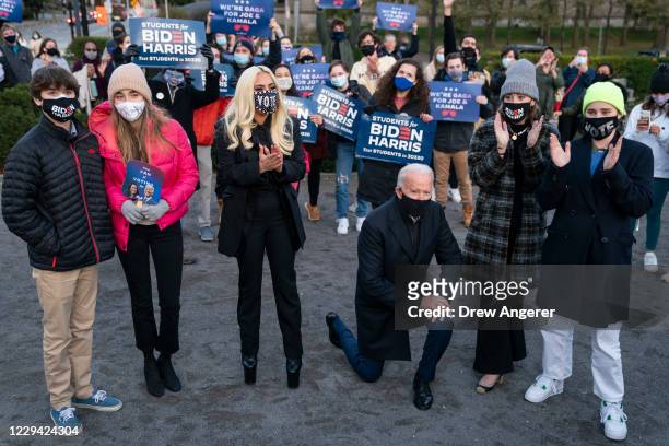 Democratic presidential nominee Joe Biden, his grandchildren and Lady Gaga pose for a photo with college students at Schenley Park on November 02,...