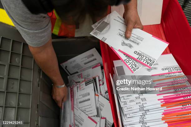 An election worker sorts submitted ballots at the Multnomah County Elections Office on November 2, 2020 in Portland, Oregon. Oregons voting system...