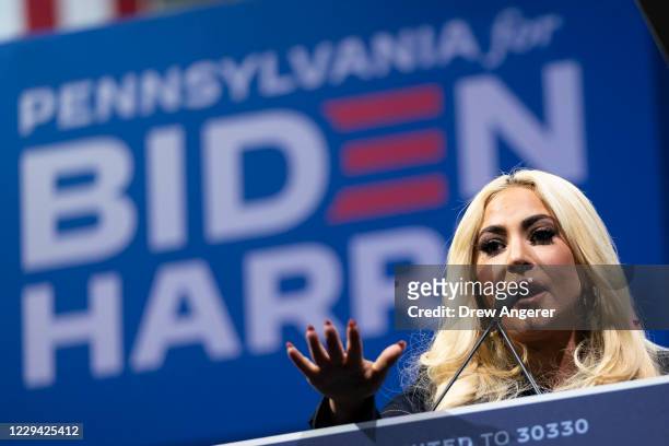 Lady Gaga speaks in support of Democratic presidential nominee Joe Biden during a drive-in campaign rally at Heinz Field on November 02, 2020 in...