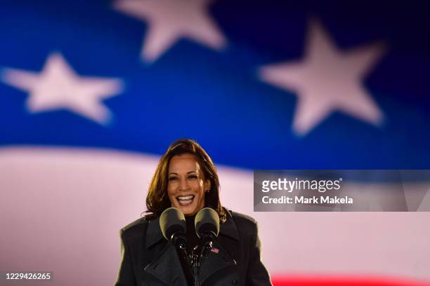Democratic vice presidential nominee Sen. Kamala Harris addresses supporters at a drive-in election eve rally on November 2, 2020 in Philadelphia,...