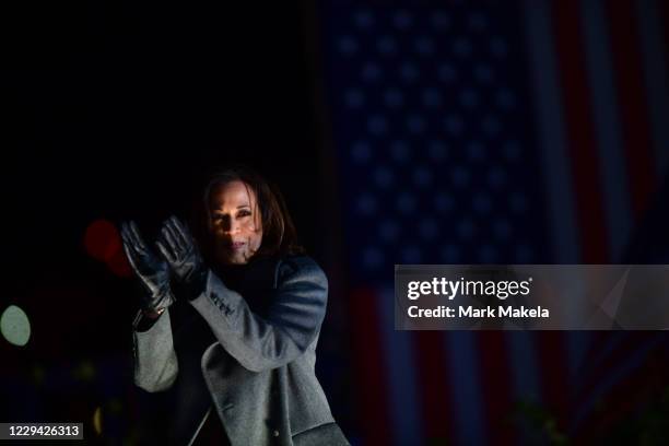 Democratic vice presidential nominee Sen. Kamala Harris takes the stage at a drive-in election eve rally on November 2, 2020 in Philadelphia,...