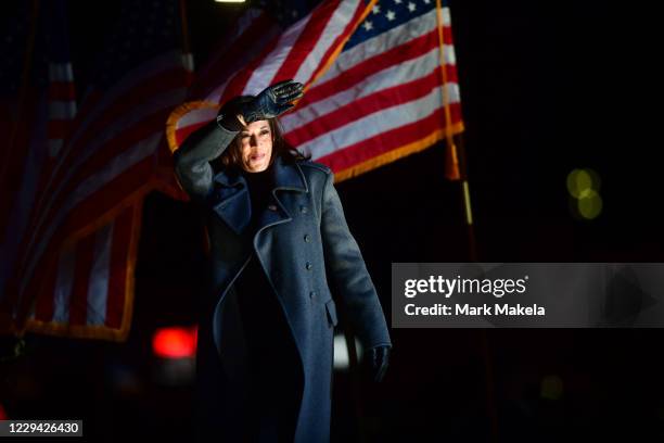 Democratic vice presidential nominee Sen. Kamala Harris takes the stage at a drive-in election eve rally on November 2, 2020 in Philadelphia,...