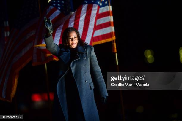 Democratic vice presidential nominee Sen. Kamala Harris takes the stage at a drive-in election eve rally on November 2, 2020 in Philadelphia,...