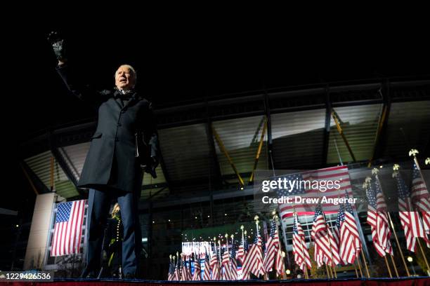 Democratic presidential nominee Joe Biden waves to the crowd after speaking at a drive-in campaign rally at Heinz Field on November 02, 2020 in...