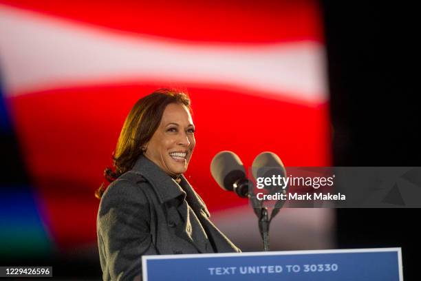 Democratic vice presidential nominee Sen. Kamala Harris addresses supporters at a drive-in election eve rally on November 2, 2020 in Philadelphia,...