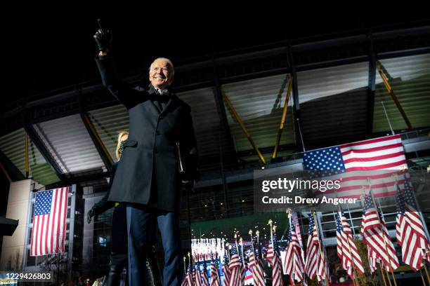 Democratic presidential nominee Joe Biden waves to the crowd after speaking at a drive-in campaign rally at Heinz Field on November 02, 2020 in...