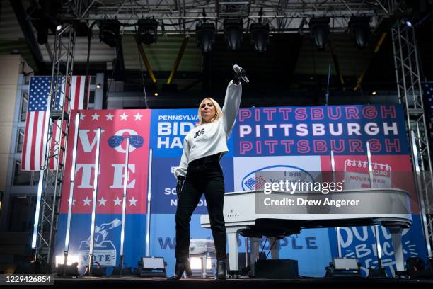 Lady Gaga performs in support of Democratic presidential nominee Joe Biden during a drive-in campaign rally at Heinz Field on November 02, 2020 in...