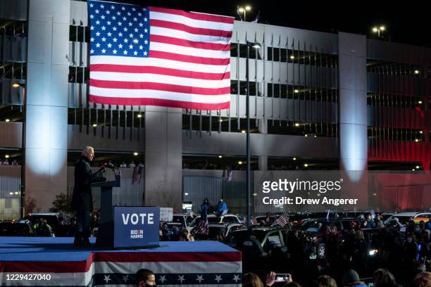 Democratic presidential nominee Joe Biden speaks during a drive-in campaign rally at Heinz Field on November 02, 2020 in Pittsburgh, Pennsylvania....
