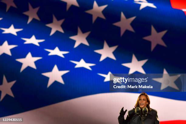 Democratic vice presidential nominee Sen. Kamala Harris speaks at a drive-in election eve rally on November 2, 2020 in Philadelphia, Pennsylvania....