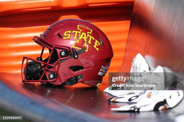 View of an Iowa State Cyclones helmet on the bench during a Big 12 football game between the Iowa State Cyclones and Kansas Jayhawks on October 31,...