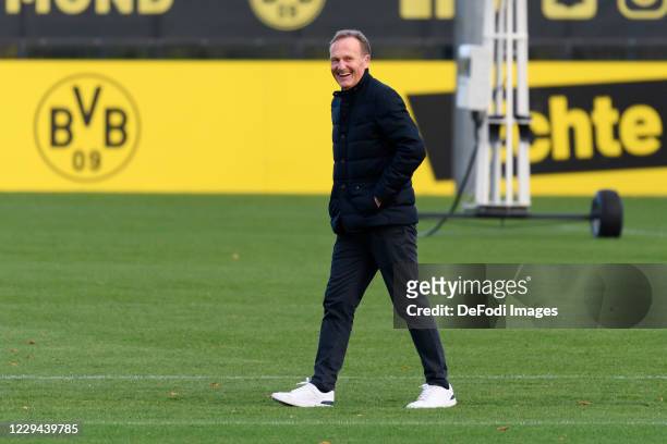 Hans-Joachim Watzke of Borussia Dortmund laughs ahead of the UEFA Champions League Group F stage match between Borussia Dortmund and Club Brugge KV...