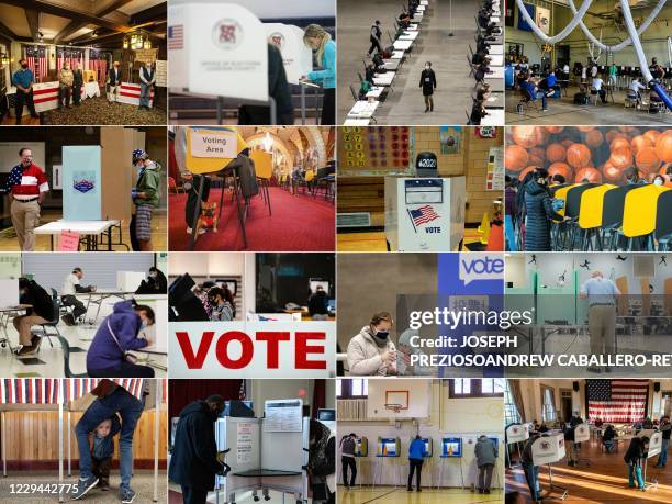 This combination of pictures created on November 03, 2020 shows : the five town's residents after voting during the historic midnight vote in...