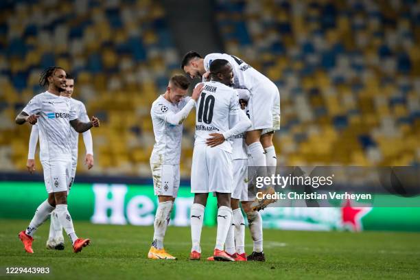 The Team of Borussia Moenchengladbach celebrates after Alassane Plea scored his teams sixth goal during the Group B - UEFA Champions League match...