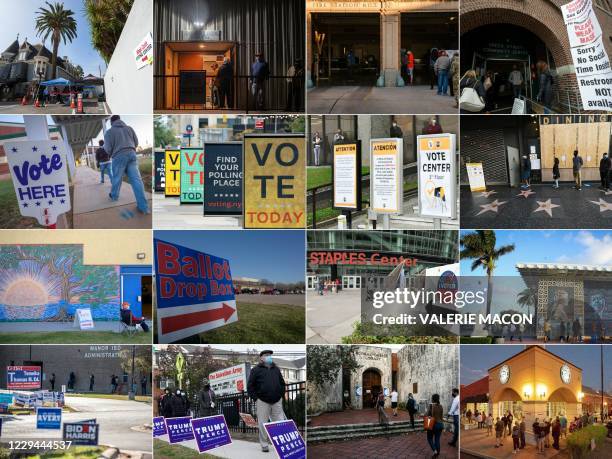 This combination of pictures created on November 03, 2020 shows polling places across the United States on Election Day : The Magic Castle in...