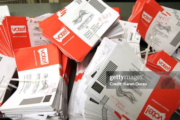 Empty envelopes that have already been opened are bundled together at King County Elections headquarters on November 3, 2020 in Renton, Washington....