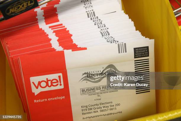 Unopened ballots await processing at the King County Elections headquarters on November 3, 2020 in Renton, Washington. Washington state is on track...