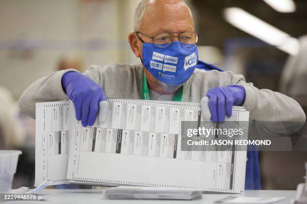 Election worker Charles Sundberg of Kent, Washington opens ballot envelopes at the King County Elections office on Election Day in Renton, Washington...