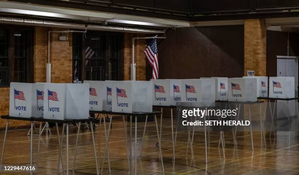 Empty voting booths are seen in Flint, Michigan at the Berston Fieldhouse polling place on November 3, 2020. - The US is voting Tuesday in an...