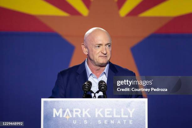 Democratic U.S. Senate candidate Mark Kelly speaks to supporters during the Election Night event at Hotel Congress on November 3, 2020 in Tucson,...