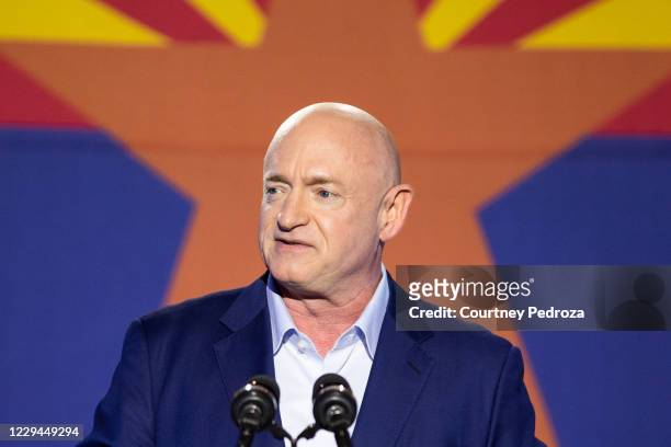 Democratic U.S. Senate candidate Mark Kelly speaks to supporters during the Election Night event at Hotel Congress on November 3, 2020 in Tucson,...