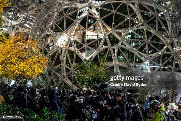 Protesters pass by the Spheres at Amazons corporate headquarters during racial justice protests on November 3, 2020 in Seattle, Washington. Police...